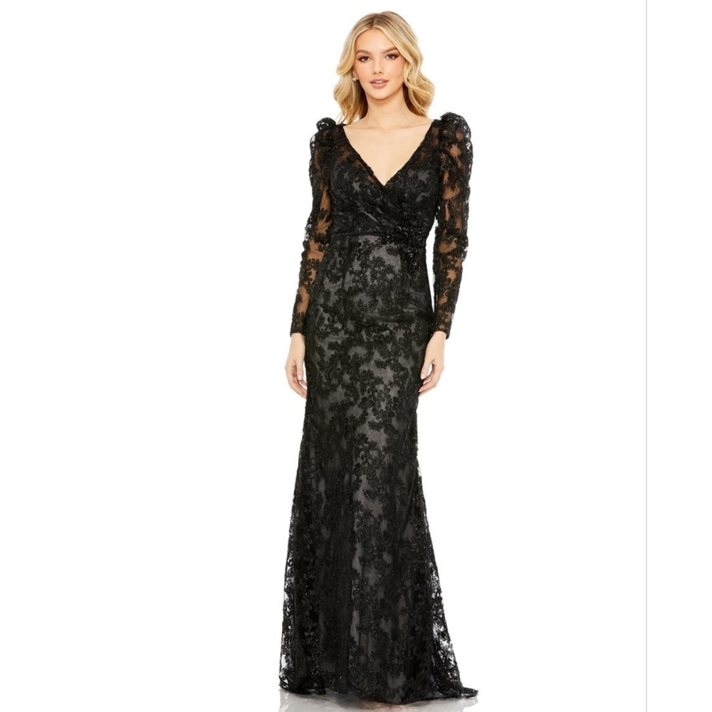 Mac DuggalBlack Embroidered Lace Puff Sleeve Wrap Over Gown $798 USD